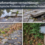 Vernachlässigte Außenanlagen mit Laub, Unkraut und beschädigten Pflasterflächen – typische Probleme bei fehlender Objektpflege in Gütersloh
