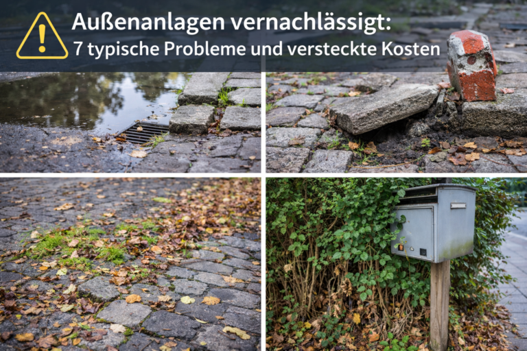 Vernachlässigte Außenanlagen mit Laub, Unkraut und beschädigten Pflasterflächen – typische Probleme bei fehlender Objektpflege in Gütersloh